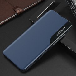 Kryt s pohľadovým oknom a stojanom pre Samsung Galaxy A22 4G z ekologickej kože s preklopením - modrý