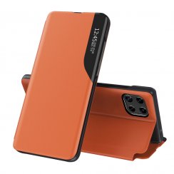 Kryt s pohľadovým oknom a stojanom pre Samsung Galaxy A22 4G z ekologickej kože s preklopením - oranžový