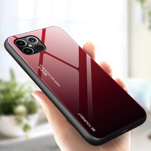 Kryt na mobil iPhone 12 Pro Max Mobi Gradient s ochranným čírym sklom a rámom z mäkkého silikónu, čierny-červený