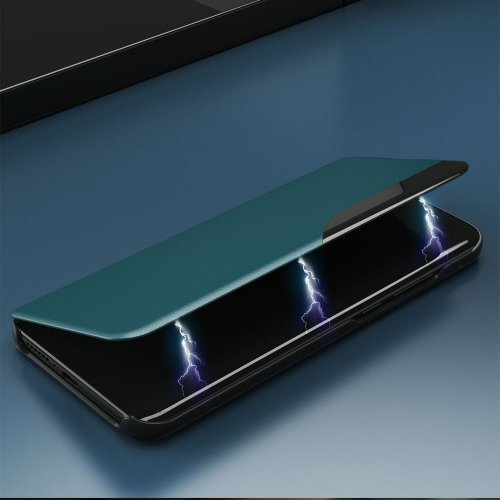 Kryt s pohľadovým oknom a stojanom pre Samsung Galaxy A22 4G z ekologickej kože s preklopením - čierny