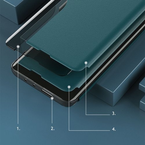 Kryt s pohľadovým oknom a stojanom pre Samsung Galaxy A22 4G z ekologickej kože s preklopením - modrý