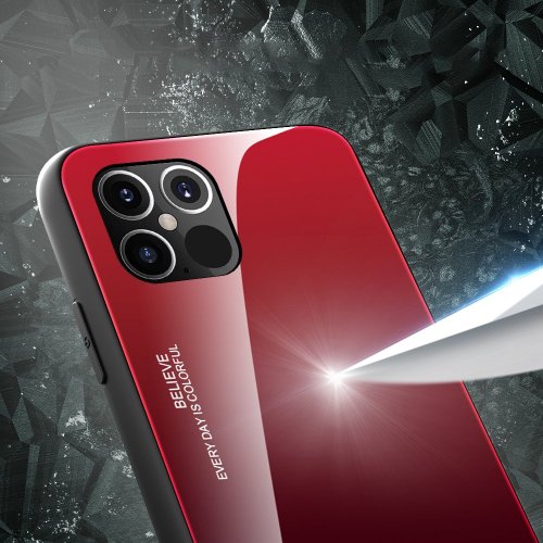 Kryt na mobil iPhone 12 Pro Max Mobi Gradient s ochranným čírym sklom a rámom z mäkkého silikónu, čierny-červený