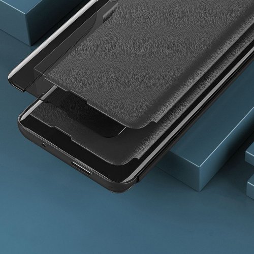 Kryt s pohľadovým oknom a stojanom pre Samsung Galaxy S23 z ekologickej kože s preklopením - čierny