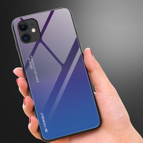 Kryt na mobil iPhone 12 / iPhone 12 Pro Mobi Gradient s ochranným čírym sklom a rámom z mäkkého silikónu, zelený-fialový