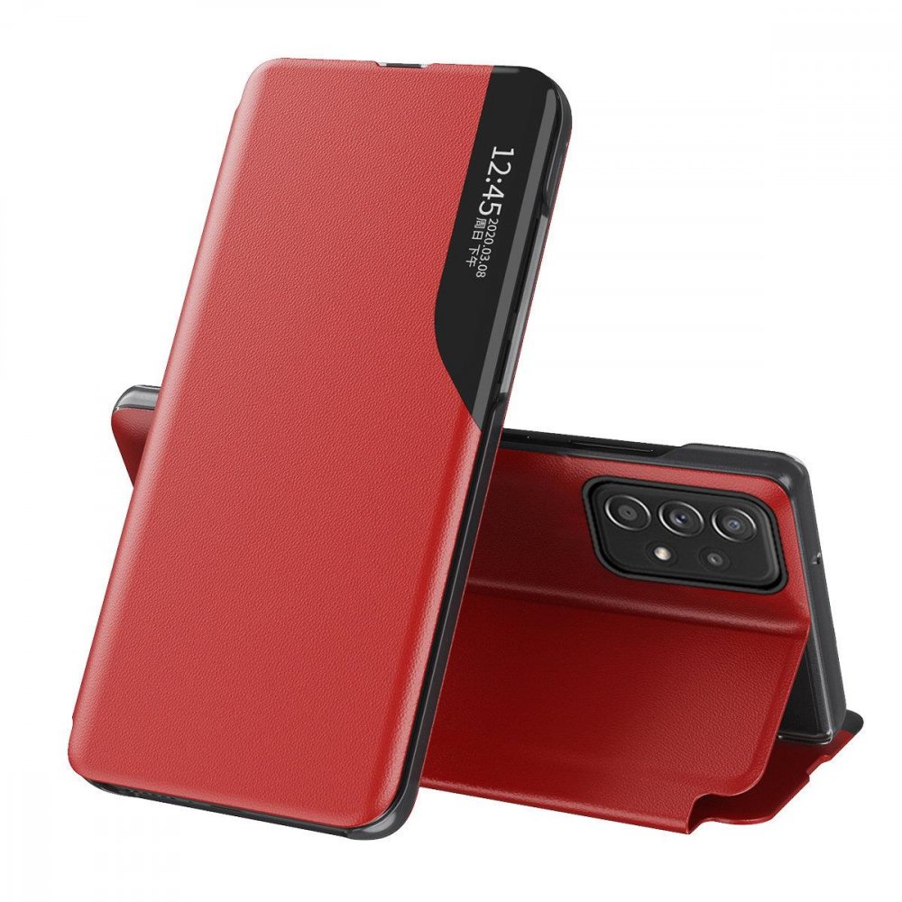 Kryt s pohľadovým oknom a stojanom pre Samsung Galaxy A33 5G z ekologickej kože s preklopením - červený